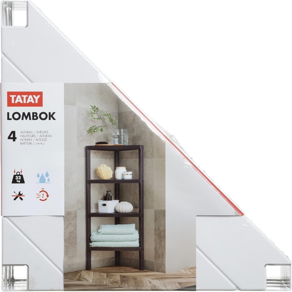 TATAY Eck-Badregal mit 4 Ebenen | Feuchtigkeitsresistent | Inklusive Schrauben & Quick Fix kompatibel | Für Innen- & Außenbereiche | Belastbar bis 32 kg – Modell Lombok – Weiß Bild 5