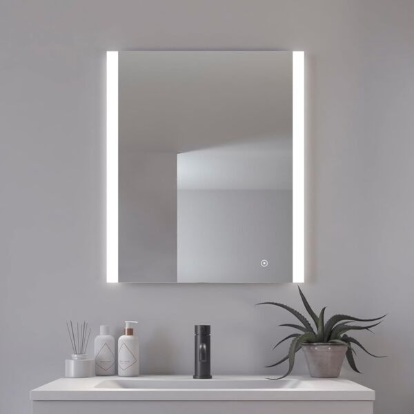 Loevschall Vega Square Spiegel mit Beleuchtung, 60x70 cm, Smart LED Spiegel Dimmbar mit Touch-Funktion, Badezimmerspiegel mit LED-Front- und Hintergrundbeleuchtung, CRI 90 für Natürliche Farben, IP44