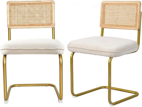CangLong Esszimmerstühle 2er-Set Küchenstühle mit Rattanrückenlehne, Vlies-Polsterung Schwingstuhl für Esszimmer, Küche, Wohnzimmer, Creme