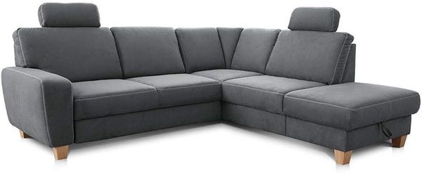 Cavadore Ecksofa Wisconsin mit Federkern / Eck-Couch mit 2 Kopfstützen / Landhausstil / Holzfüße in Buche / Mikrofaser / Größe: 248 x 88 x 215 cm (BxHxT) / Farbe: Grau