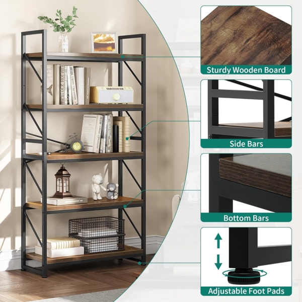 YITAHOME Bücherregal mit 5 Ebenen, industrielles Bücherregal, großes freistehendes Bücherregal, Holzregal und Metallrahmen, Regal, Präsentationsregal für Wohnzimmer, Heimbüro, rustikales braunes Bild 5