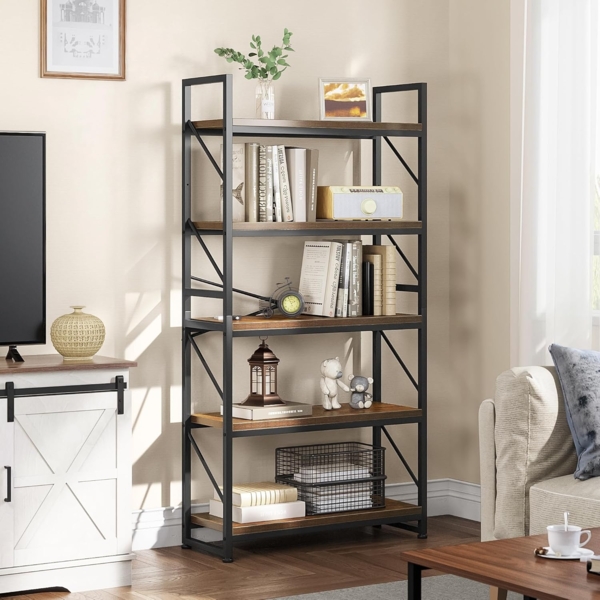 YITAHOME Bücherregal mit 5 Ebenen, industrielles Bücherregal, großes freistehendes Bücherregal, Holzregal und Metallrahmen, Regal, Präsentationsregal für Wohnzimmer, Heimbüro, rustikales braunes Bild 1
