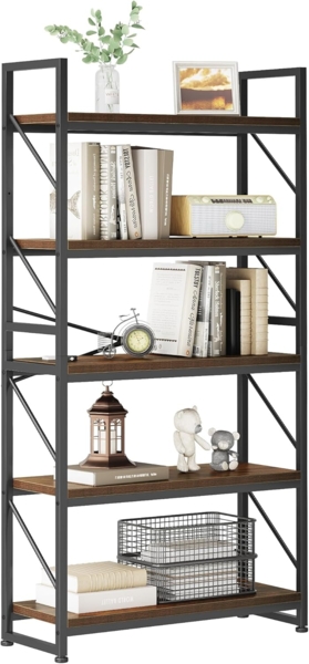 YITAHOME Bücherregal mit 5 Ebenen, industrielles Bücherregal, großes freistehendes Bücherregal, Holzregal und Metallrahmen, Regal, Präsentationsregal für Wohnzimmer, Heimbüro, rustikales braunes Bild 6