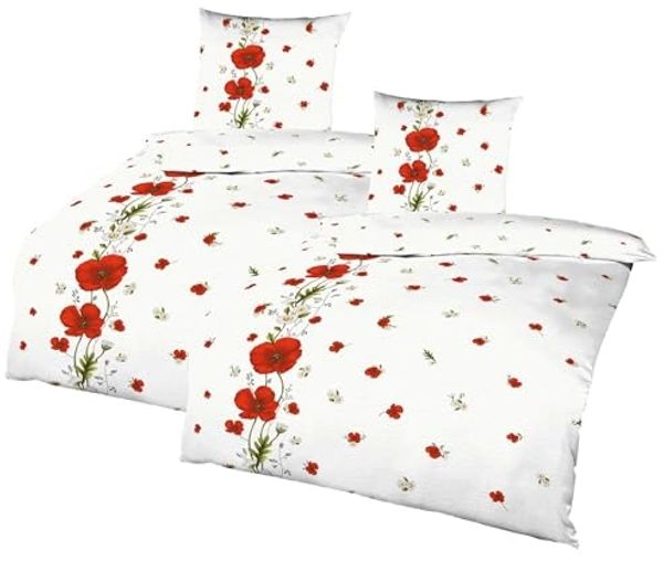 JACK Partnerbettwäsche JACK by Kaeppel 4tlg. Seersucker Bettwäsche 135x200cm Red Poppy Mohn, Seersucker, 4 teilig, Partnerwendebettwäsche mit tollem Mohnblumenmotiv Rot Weiß