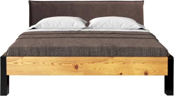 Möbel-Eins CURBY Bett Metallfuß, mit Polsterkopfteil, Material Massivholz, rustikale Altholzoptik, Fichte natur 160x220 cm Stoff Braun ohne Steppung Bild 3