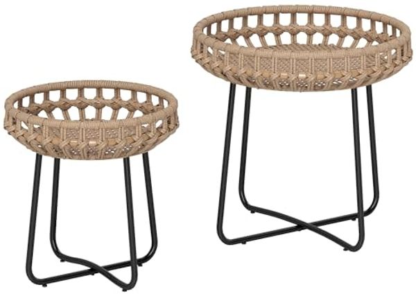 Outsunny Beistelltisch mit X-Beine, verstellbare Fußpads (rund wetterfest Gartentisch, 2-St, 2er Set Balkontisch aus Polyrattan), Ø60,41 cm für Garten, Balkon, Braun