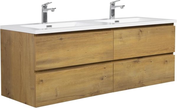 Badplaats Badmöbel Set mit Waschbecken und Unterschrank Angela 140 x 48 cm Eiche - Waschbeckenunterschrank mit Soft-Close und Doppelwaschbecken, Vorgemontiert