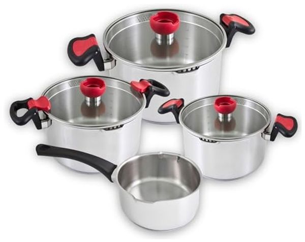 Kopf Topf-Set Kochtopfset Nelo, Edelstahl (7-tlg), mit Deckel, intelligenter Abgießhilfe & integrierter Siebfunktion