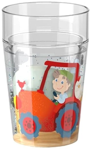HABA Glitzerbecher Bauernhof – Kinderbecher mit funkelndem Glitzer-Effekt, perfekt für Wasser, Saft & Tee, Praktisch für kleine Hände – 2012447002