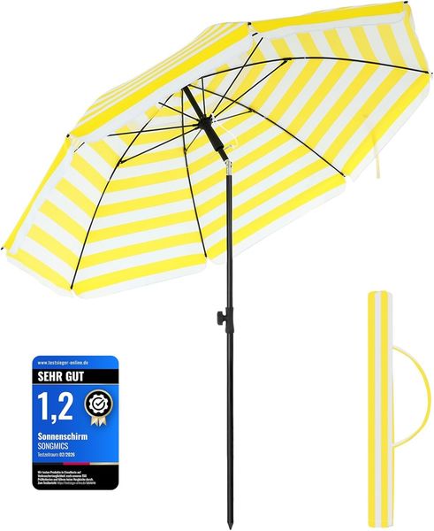 SONGMICS Sonnenschirm für Strand, Ø 160 cm, Gartenschirm, UV-Schutz bis UPF 50+, knickbar, tragbar, Schirmrippen aus Glasfaser, gelb-weiß gestreift GPU60YW