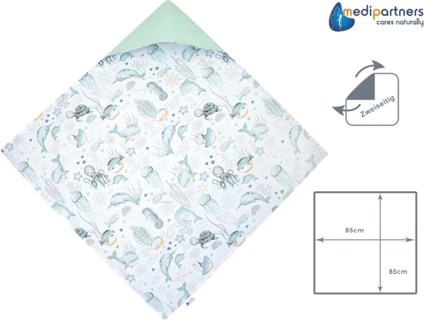 Medi Partners Einschlagdecke Baby Babyschale 100% Baumwolle für Sommer 85x85 cm Kinderwagen Kuscheldecke universal Baby Decke Einschlagdecken Babydecke Buggy Autositz (‎Ozean mit Minzer Waffel) Bild 5