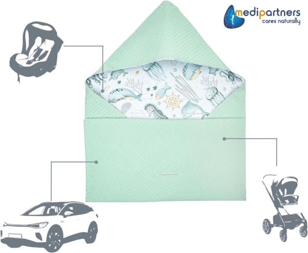 Medi Partners Einschlagdecke Baby Babyschale 100% Baumwolle für Sommer 85x85 cm Kinderwagen Kuscheldecke universal Baby Decke Einschlagdecken Babydecke Buggy Autositz (‎Ozean mit Minzer Waffel) Bild 6