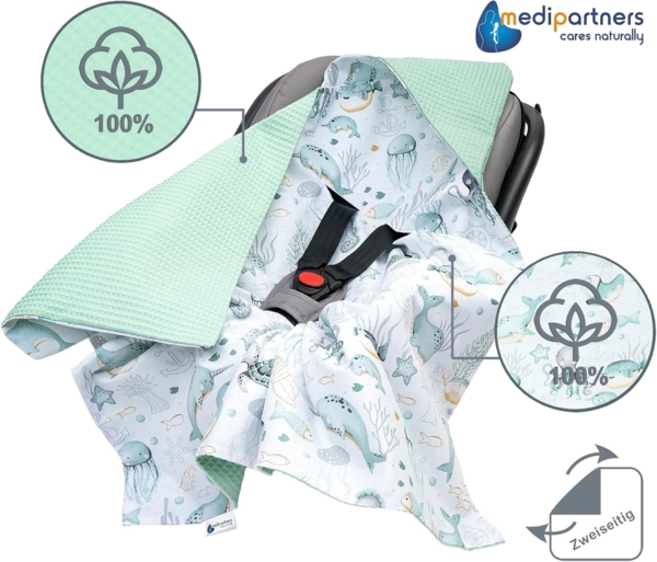 Medi Partners Einschlagdecke Baby Babyschale 100% Baumwolle für Sommer 85x85 cm Kinderwagen Kuscheldecke universal Baby Decke Einschlagdecken Babydecke Buggy Autositz (‎Ozean mit Minzer Waffel) Bild 4