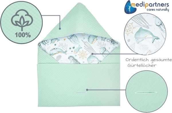 Medi Partners Einschlagdecke Baby Babyschale 100% Baumwolle für Sommer 85x85 cm Kinderwagen Kuscheldecke universal Baby Decke Einschlagdecken Babydecke Buggy Autositz (‎Ozean mit Minzer Waffel) Bild 3