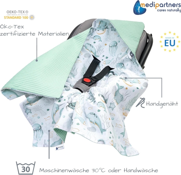 Medi Partners Einschlagdecke Baby Babyschale 100% Baumwolle für Sommer 85x85 cm Kinderwagen Kuscheldecke universal Baby Decke Einschlagdecken Babydecke Buggy Autositz (‎Ozean mit Minzer Waffel) Bild 2