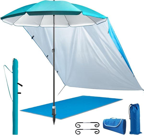 4smile Sonnenschirm, 5er-Set, Türkis, Ø 180 cm, praktischer Sonnenschirm Strand, Stabiler Strandschirm, Schirmständer Erdspieß, Sonnensegel Strand, kompakte Stranddecke, Sonnenschirm Schutzhülle
