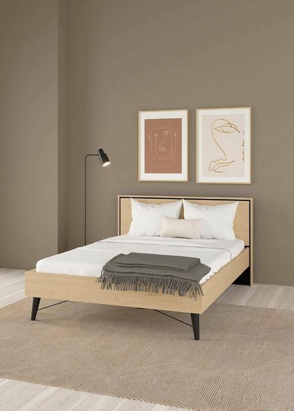 Dmora - Doppelbett Capucin, Struktur des Lagerbetts, Sommier mit Abdeckung, Bettrahmen aus Stoff, 207x153 h91 cm, helle Eiche