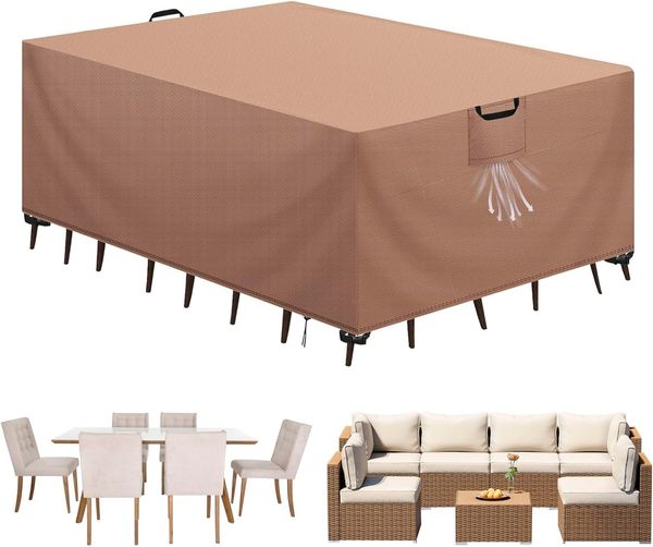 Aujink Abdeckung Gartenmöbel Winterfest, Wasserdichte Schutzhülle Gartenmöbel 420D Oxford Anti-UV Abdeckplane für Gartentische Terrassenmöbel Regenschutz und Staubfest Abdeckhaube Khaki 180 x 120 x 74 cm