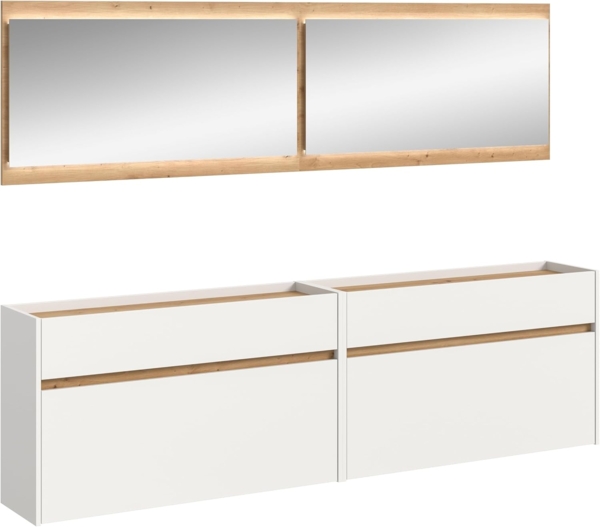 xonox. home – 4 teilige Garderobenkombination Drive 220 x 192 x 32 cm in Weiß und Artisan Oak Nachbildung – Set mit Spiegel und Schuhkommode – Moderne Garderobe für Diele & Eingangsbereich