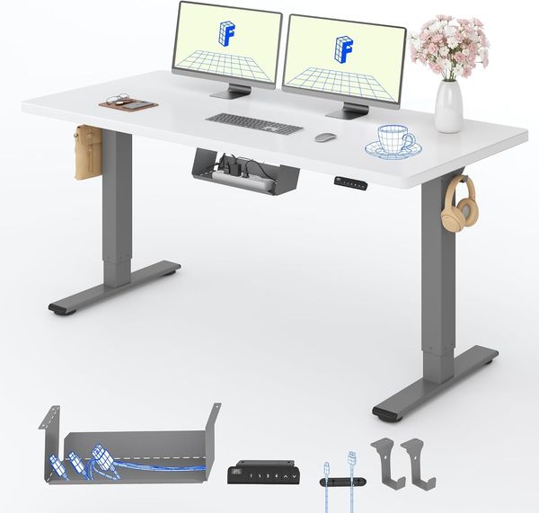 FLEXISPOT Basic Plus Elektrisch Höhenverstellbarer Schreibtisch (140x80 cm) mit Tischplatte 2-Fach-Teleskop, Sitz- & Stehpult mit Memory-Steuerung (weiß+grau Gestell)