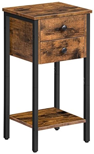 HOOBRO Beistelltisch mit Schubladen, Nachttisch, Hoher Sofatisch, Wohnzimmertisch mit Ablageflächen, Großer Stauraum, Metallgestell, Robust und Stabil, Platzsparend, Dunkelbraun EBF72BZ01