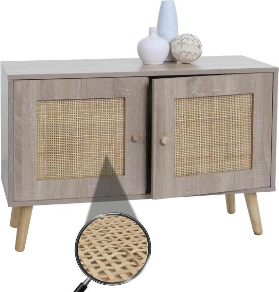 Kommode HWC-M40, Sideboard Schrank Highboard, Staufächer, Kubu Rattan Holz Melamin, Eiche-Optik