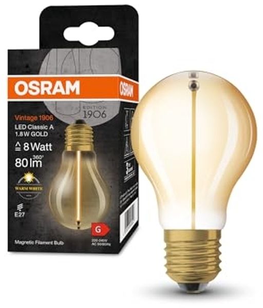 Osram LED-Lampen, Vintage-Edition, 8 Watts Ersatz, E27, A-shape, 2700 Kelvin, Warm weiß, Klares Glas, single Pack