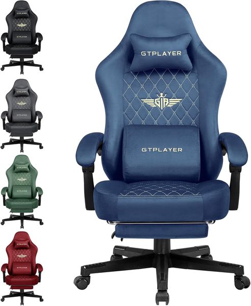 GTPLAYER Gaming-Stuhl, Stoff, Gaming-Stuhl, ergonomisch, Büro, PC, 150 kg, Verstellbarer und drehbarer Tischstuhl mit Feder-Sitzkissen und Fußstütze, Blau