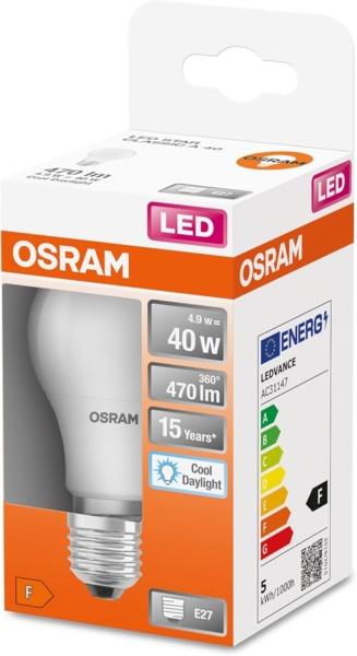 OSRAM LED Star Classic A, Sockel: E27, Nicht Dimmbar, Tageslichtweiß, Ersetzt eine herkömmliche 40 Watt Lampe, Matt, 6er-Pack, 6500k Tageslicht Bild 5