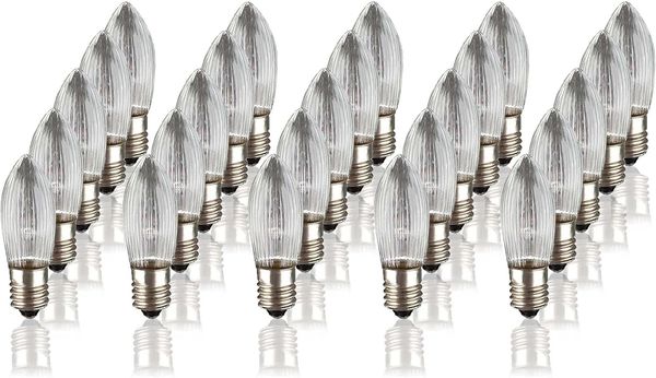 hellum Ersatz-Kerzen für Schwibbogen, 25 Stück 12V 3W Riffelkerze für Weihnachtsbaum Kerzen Lichterketten innen mit 20 Brennstellen, Birnen für Lichterbogen E10/ 12V/ 3W/ 22 Lumen 912111