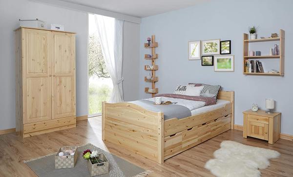Ticaa Einzelbett 'Leni' 120x200 Kiefer massiv - mit 5er Schubkästen - natur