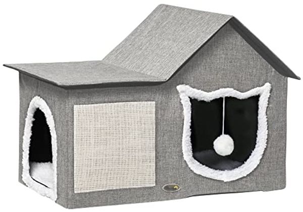 PawHut Tierbett Katzenhütte mit Doppeltüren, Kuschelhöhle mit Kissen, Spielball, MDF, Leinenimitat(100% Polyester), Plüsch, Sisal, 65L x 41B x 45.5H cm