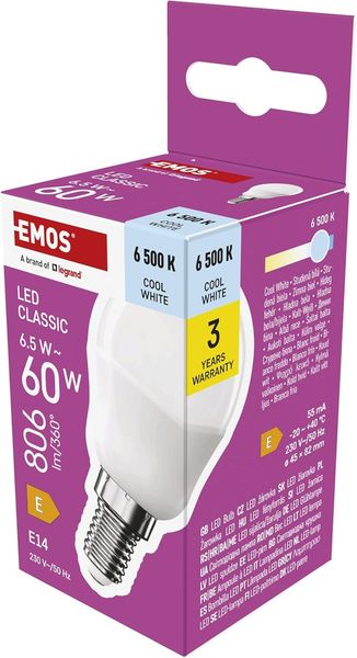 EMOS LED Lampe Mini Globe, 6,5W Ersatz für 60W Glühbirne, kleine Birne mit E14 Sockel, Helligkeit 806 lm, Kaltweiß 6500 K, 30000 h Lebensdauer, CRI min. 80, 150° Abstrahlwinkel