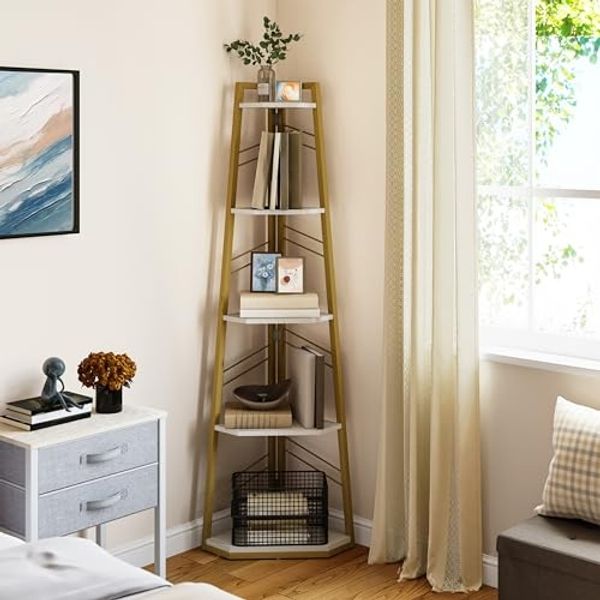 YITAHOME Eckregal, 5-stöckiges Leiterregal, Industrielles Bücherregal, Bodenstehendes Regal, Offenes Standregal aus Holz, für Wohnzimmer, Flur, Schlafzimmer, Home-Office, Gold Lagerregal