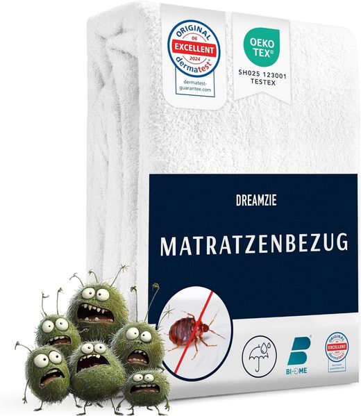 Dreamzie Matratzenbezug 140 x 190 x 25 cm gegen Milben und Bettwanzen - Milbenbezug Matratzen Komplett mit Reißverschluss - Matratzenschoner 140x190 für Allergiker - Wasserdicht, Bi-Ome und Öko-Tex