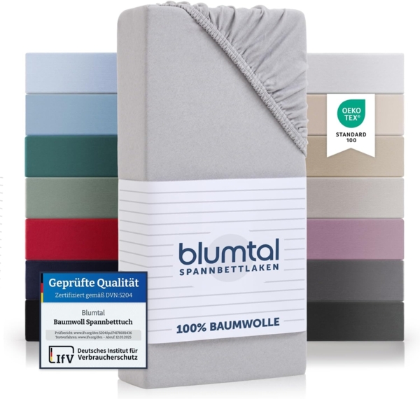 Blumtal® Baumwolle Spannbettlaken 135x190 cm Basics Jersey im 2er Set - Bettlaken 135x190 cm - Oeko-TEX zertifiziertes Spannbetttuch 135x190 cm - Matratzenbezug 135x190 cm - Moonlight Grey - Grau