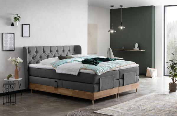 Belanoti EON Boxspringbett 160x200 elektrisch verstellbar 7-Zonen Taschenfederkern Matratze inkl Visco Topper Bett 160x200 mit Motor in der Farbe Anthrazit H2/H3 Polsterbett Motorbett Massivholz Eiche