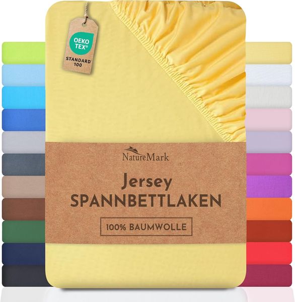 NatureMark Jersey Spannbettlaken, Spannbetttuch 100% Baumwolle in vielen Größen und Farben MARKENQUALITÄT ÖKOTEX Standard 100 | 180x200 cm - 200x200 cm - gelb