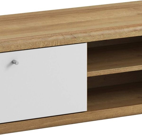 Selsey Scandi - TV-Schrank in Eiche-Weiß Matt mit Holzbeinen, 2 offene Fächer und 2 Klapptüren, 160 cm Bild 7
