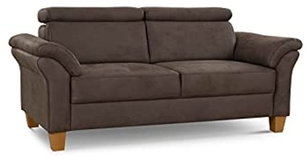 Cavadore 3-Sitzer-Sofa Ammerland / 3er-Couch im Landhausstil mit Federkern + verstellbaren Kopfstützen / 186 x 84 x 93 / Wildlederoptik, Braun