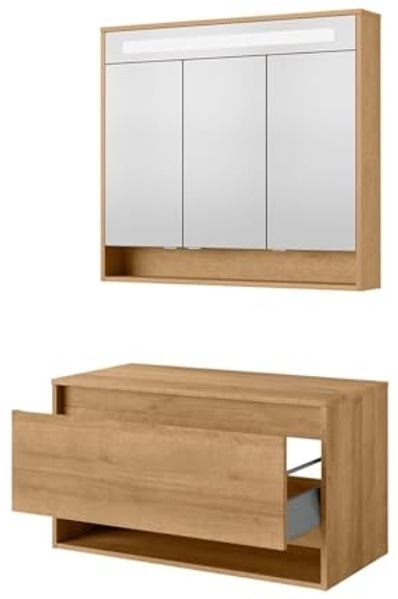 FACKELMANN NATURA Waschbeckenunterschrank mit Spiegelschrank 94 cm breit, Braun hell, LED Spiegelschrank