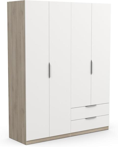 Demeyere Moderner Kleiderschrank, 4 Türen, 5 Einlegeböden, 2 Schubladen, Farbe: Eiche Kronberg & Mattes Weiß, 157,3 x 51,1 x 203 cm, Holzwerkstoff