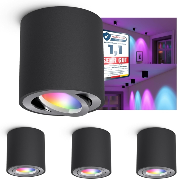 linovum LED Aufbaustrahler CORI Aufbauspot schwarz gebuerstet schwenkbar mit Smart GU10 RGB LED, RGB