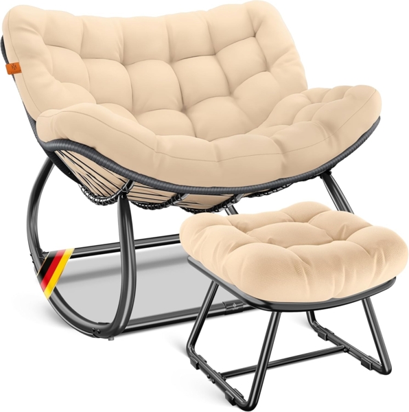 KESSER® Schaukelstuhl für drinnen & draußen ergonomischer Schaukelsessel | maximale Belastung von 120kg Relaxsessel mit Rutschfesten Füßen, Witterungsbeständig | Ideal für Balkon, Garten & Wohnzimmer Beige, XXL Chillexer Pro