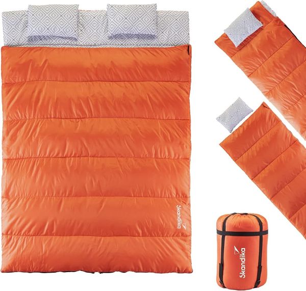 Skandika Doppelschlafsack Iceland Double, atmungsaktive, Trennbar, Innentasche mit Klett, 3-Jahreszeiten, extra breit, 2 Kissen, Packsack, Camping Inn-/Outdoor