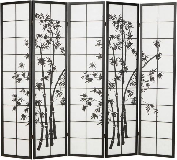 5tlg Paravent Raumteiler Trennwand Bambusmuster, 179x220 cm, schwarz
