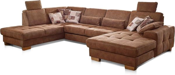 CAVADORE Wohnlandschaft Puccino mit Federkern, verstellbarer Rückenlehne und 2 Kopfstützen / Sofalandschaft in U-Form im Landhaus-Design / 340 x 86 x 224 cm / Mikrofaser hellbraun