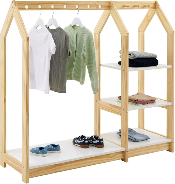 IDIMEX Kinderkleiderschrank SALLY Kindergarderobe im Haus Design, 4 Ablagen & Kleiderstange natur/weiß