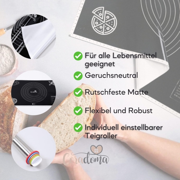 Coradoma Backmatte Backmatte 60x40 cm mit Teigroller Silikonmatte Backunterlage Teigmatte, Silikon Bild 4