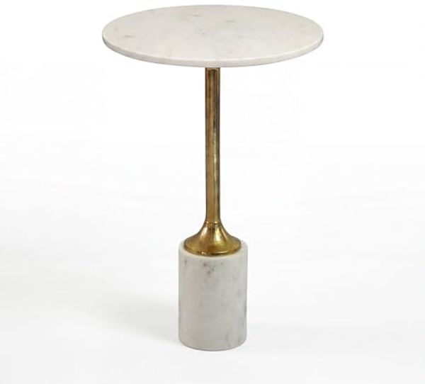 FINEBUY Beistelltisch FB116637 Sofatisch Marmor Wohnzimmertisch 37cm Couchtisch Handmade (Filigraner Loungetisch mit edlem Marmorfuß), Goldfarbenes Gestell aus robustem Aluminium